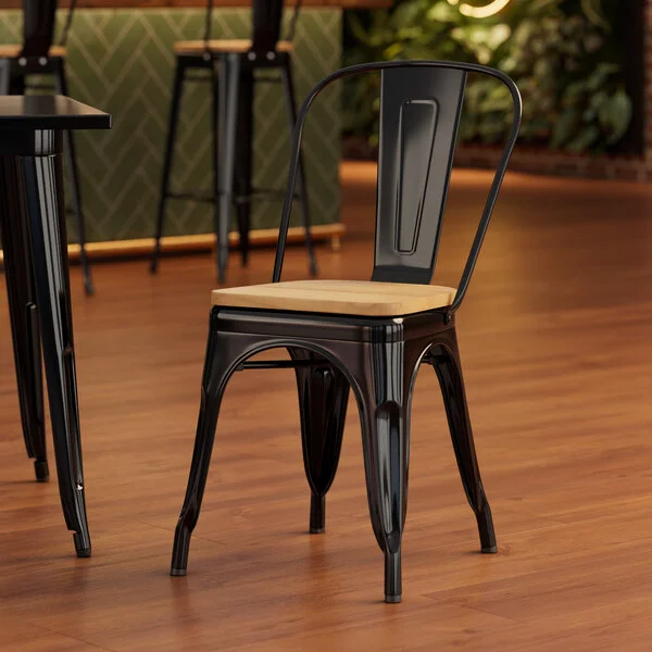 Lancaster Table & Seating Alloy Onyx Black Indoor Cafe Chair with Natural Wood Seat Lancaster Table & Seating Alloy Onyx Black Indoor Cafe Chair with Natural Wood Seat