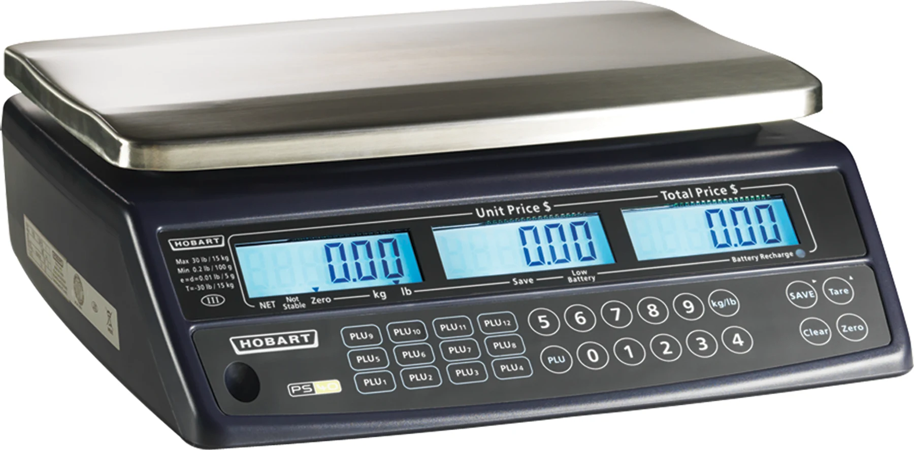 Hobart PS40-3 13 Inch Price Computing Scale Backlit LCD Display Stainless Steel