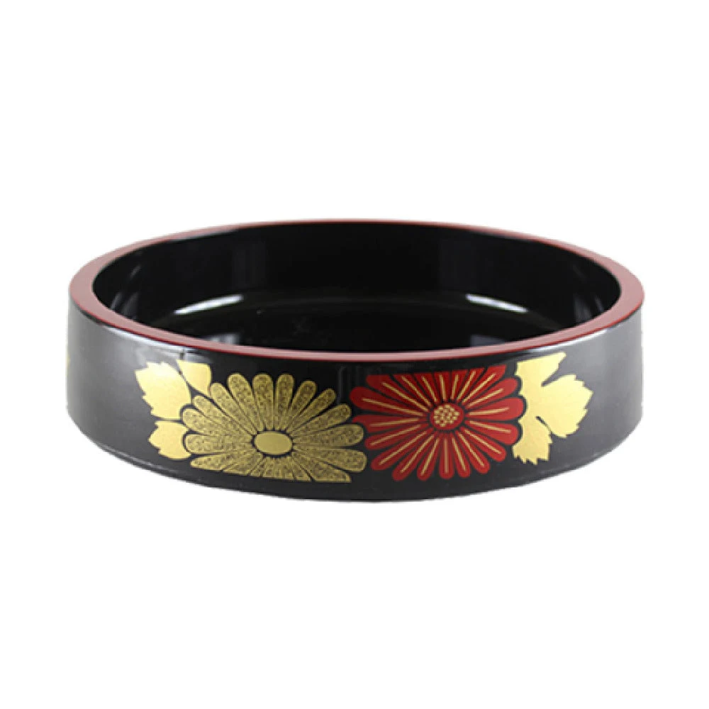 Thunder Group PLSPT0902 9-1/2 Inch Round Sushi Party Tray with Flower Pattern Black Red Trim ABS Plastic