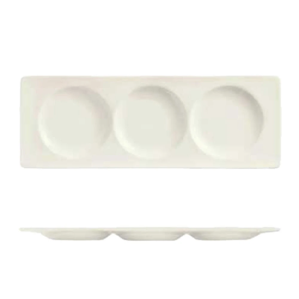 Libbey BW-3333 13 Inch Porcelain Tray with 3 Wells and Bright White Finish