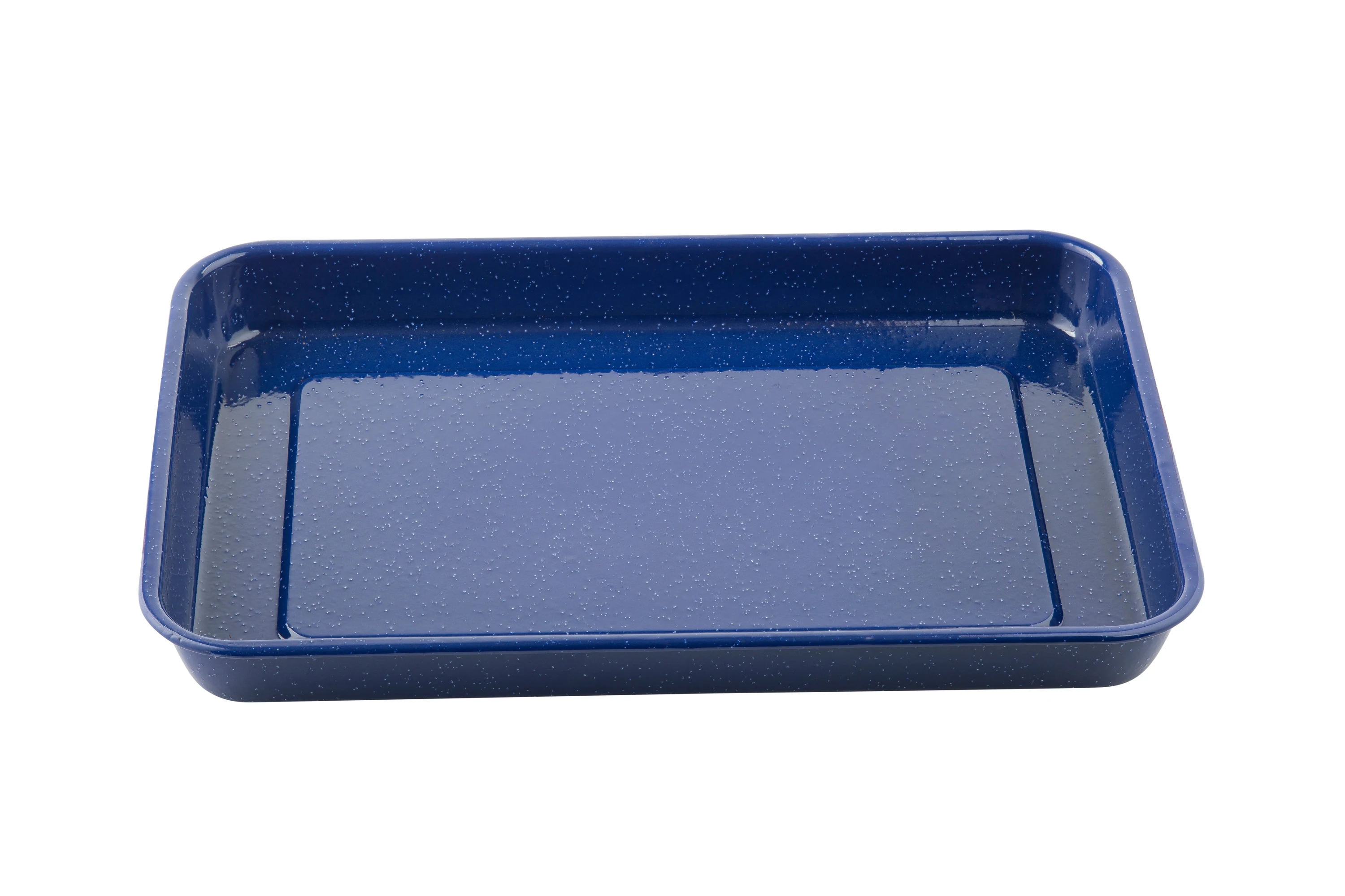 Tablecraft 10161 16 Inch Rectangular Serving Tray Blue White Speckle Enamel Porcelain