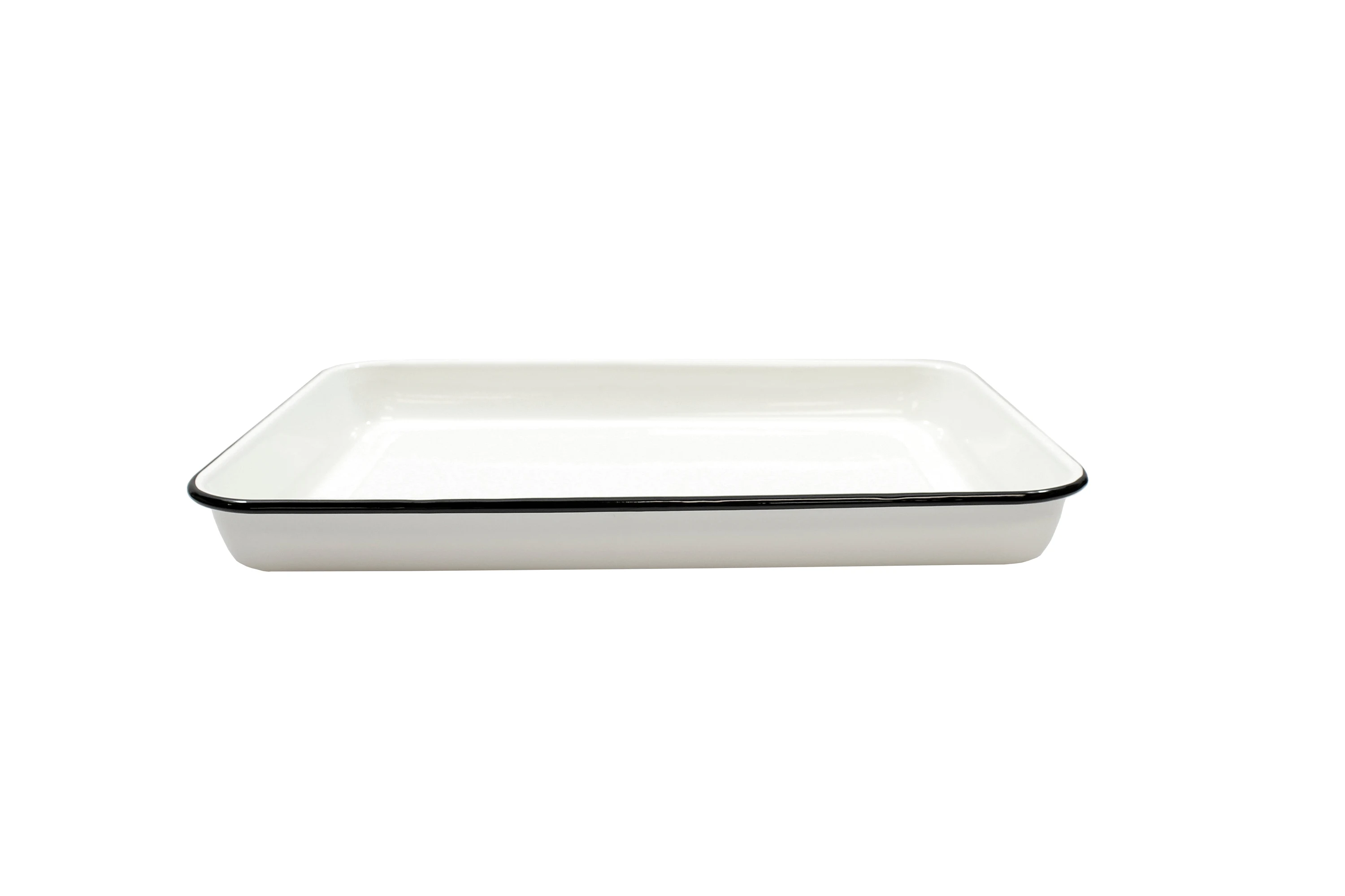 Tablecraft 80012 16 Inch Rectangular Serving Tray Vitreous Porcelain Enamel Steel Creamy White with Black Rim
