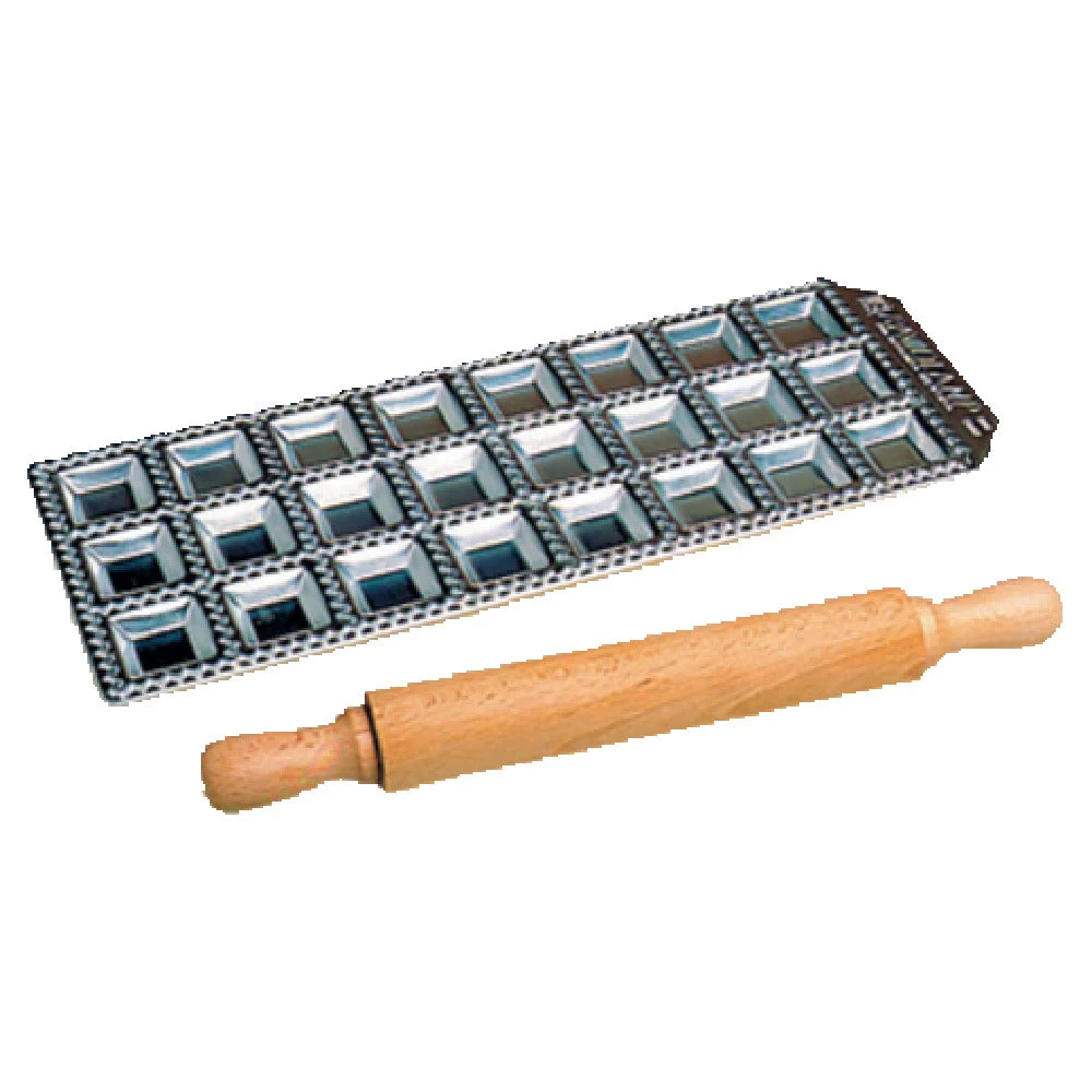 Matfer 073195 12 Inch Imperia Ravioli Mold with Wooden Rolling Pin Aluminum