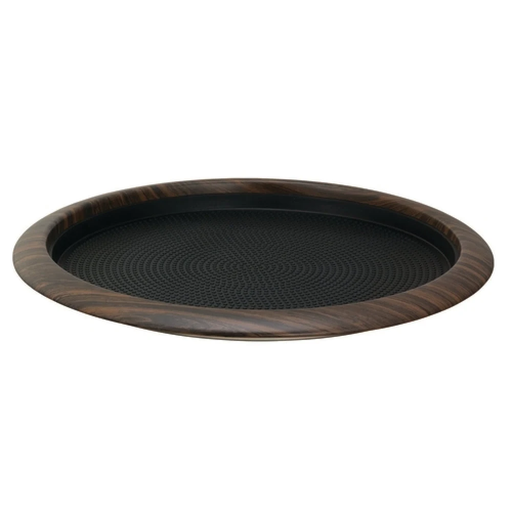 Service Ideas TR1412RIDW 14 Inch Round Tray Removable Silicone Rubber Insert Stainless Steel Dark Wood