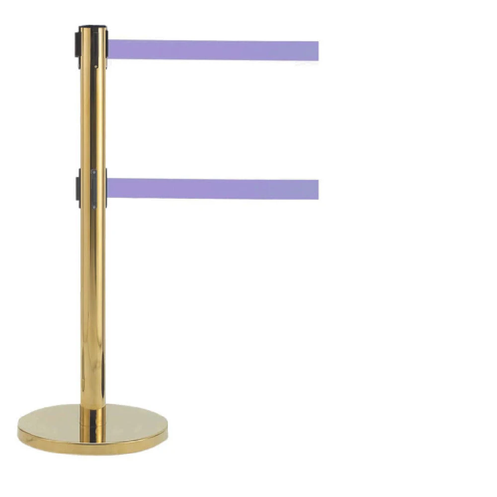 Aarco HB-27PU Portable Base Crowd Control Stanchion with Purple Belts Polished Brass
