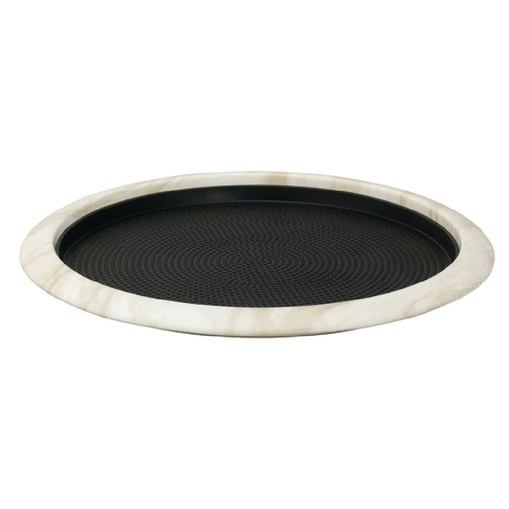Service Ideas TR1412RIWM 14 Inch Round Tray with Removable Silicone Insert Stainless Steel White Marble Finish