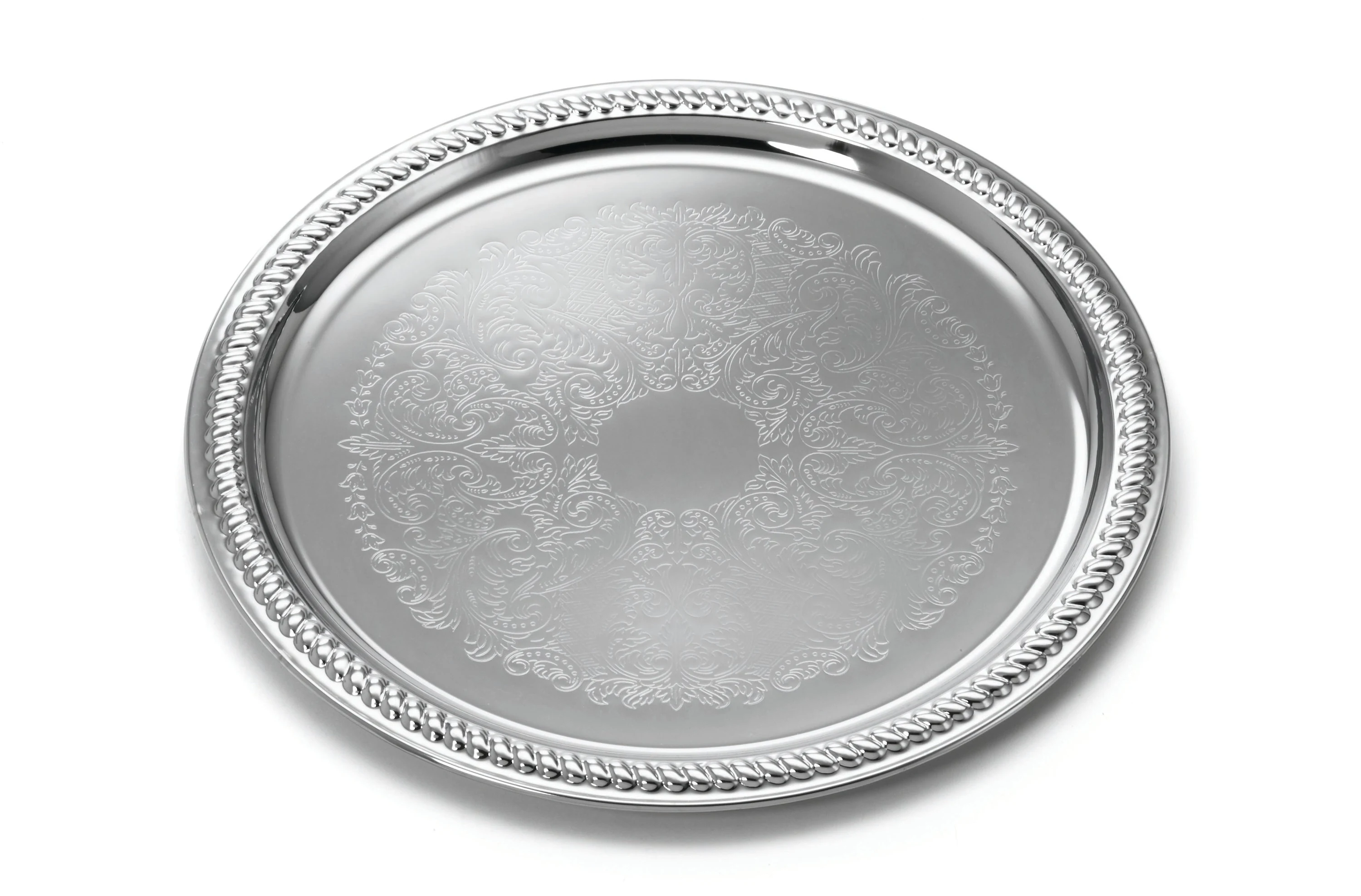 Tablecraft CT13 13 Inch Round Embossed Serving Tray Chrome Plated