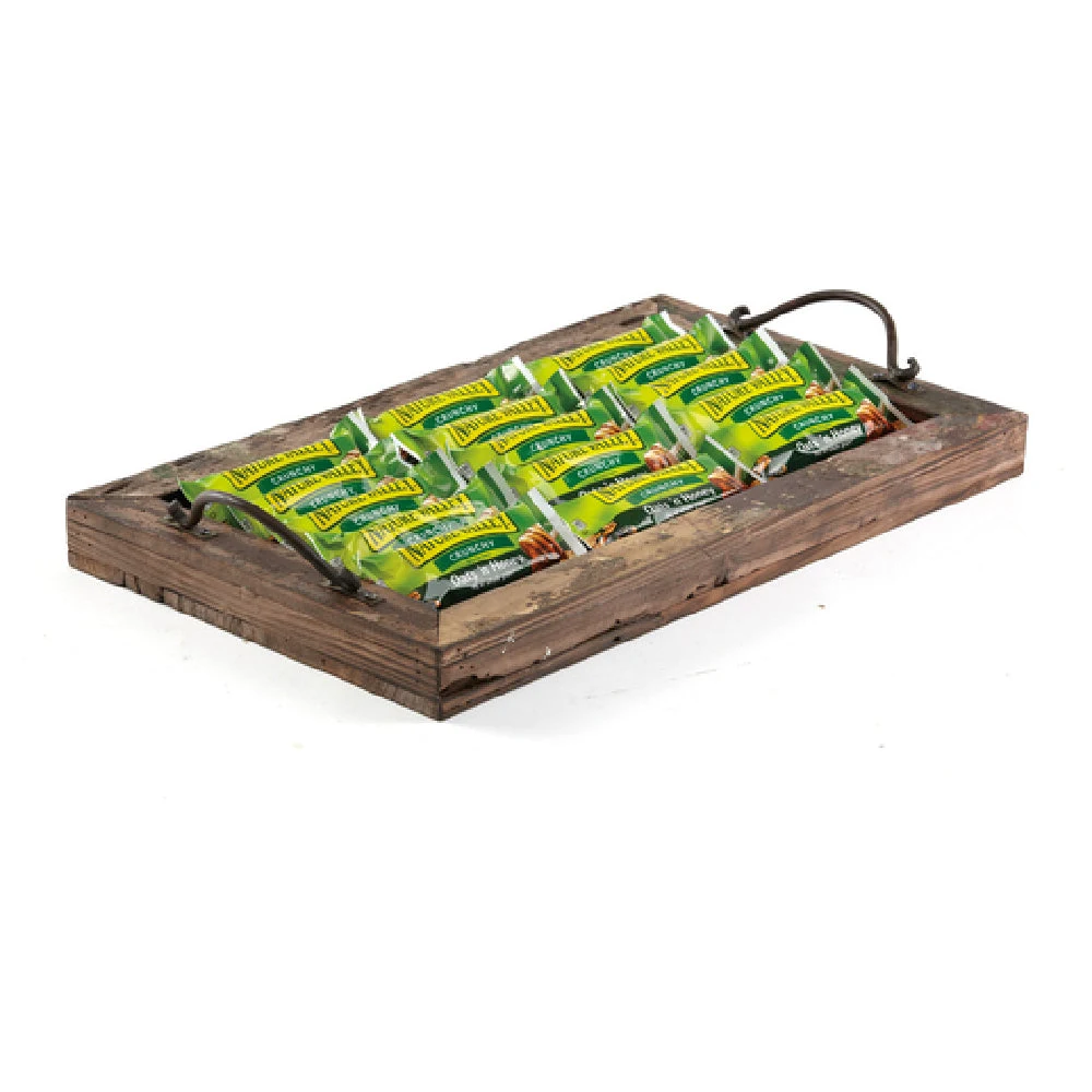 GET Enterprises WB-1912-RWD 19 Inch Rectangular Serving Tray with Metal Handles Reclaimed Wood