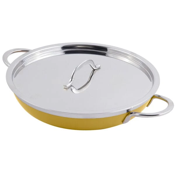 Bon Chef 60305 Classic Country French Collection 2 Qt. 12 oz. Yellow Saute Pan / Skillet with Cover and Double Handles