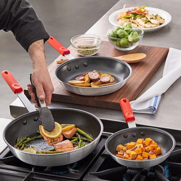 Choice 3-Piece Aluminum Non-Stick Fry Pan Set with Red Silicone Handles - 8