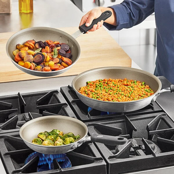 Vollrath Wear-Ever 3-Piece Aluminum Non-Stick Fry Pan Set with Rivetless Interior, PowerCoat2 Coating, and Black Silicone Handles - 8