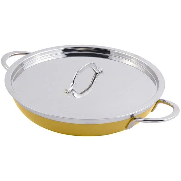Bon Chef 60306 Classic Country French Collection 3 Qt. 4 oz. Yellow Saute Pan / Skillet with Cover and Double Handles