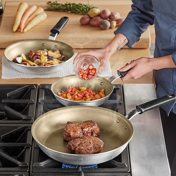 Vollrath Wear-Ever 3-Piece Aluminum Non-Stick Fry Pan Set with PowerCoat2 Coating and Black Silicone Handles - 8