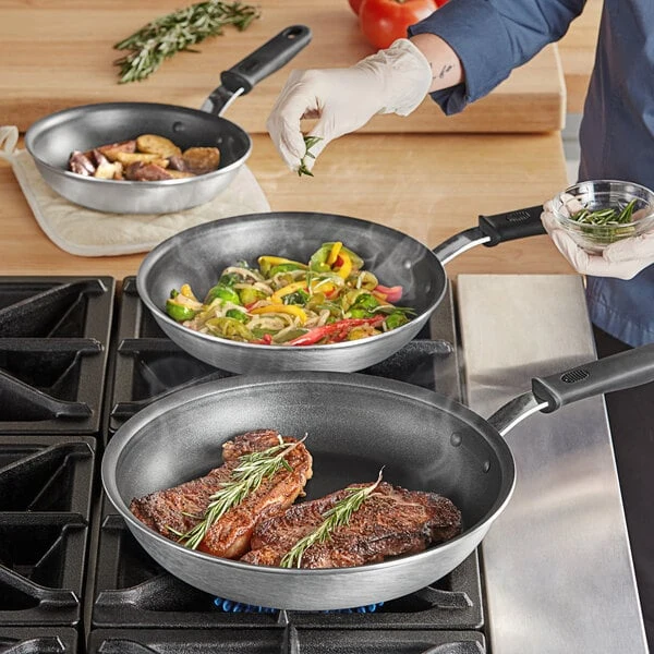 Vollrath Wear-Ever 3-Piece Aluminum Non-Stick Fry Pan Set with SteelCoat x3 Coating and Black Silicone Handles - 8