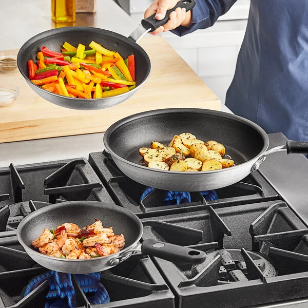 Vollrath Wear-Ever 3-Piece Aluminum Non-Stick Fry Pan Set with Rivetless Interior, CeramiGuard II Coating, and Black Silicone Handles - 8