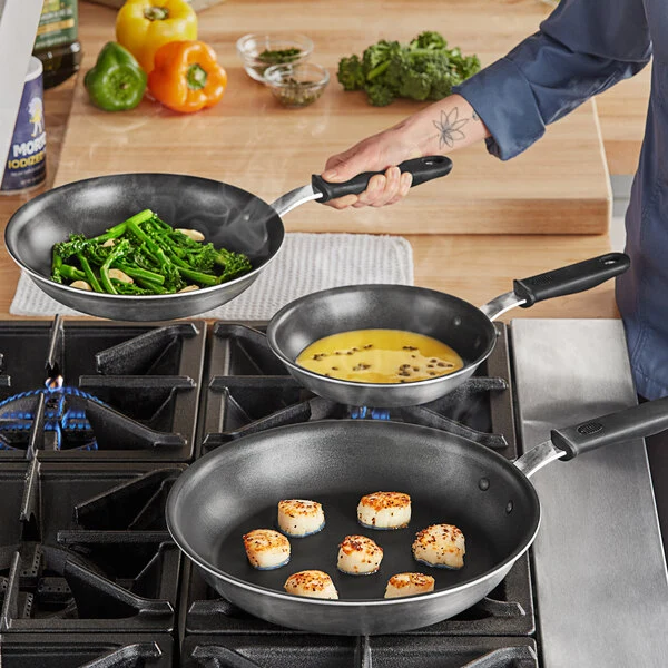 Vollrath Tribute 3-Piece Induction Ready Tri-Ply Stainless Steel Non-Stick Fry Pan Set with CeramiGuard II and Silicone Handles - 8